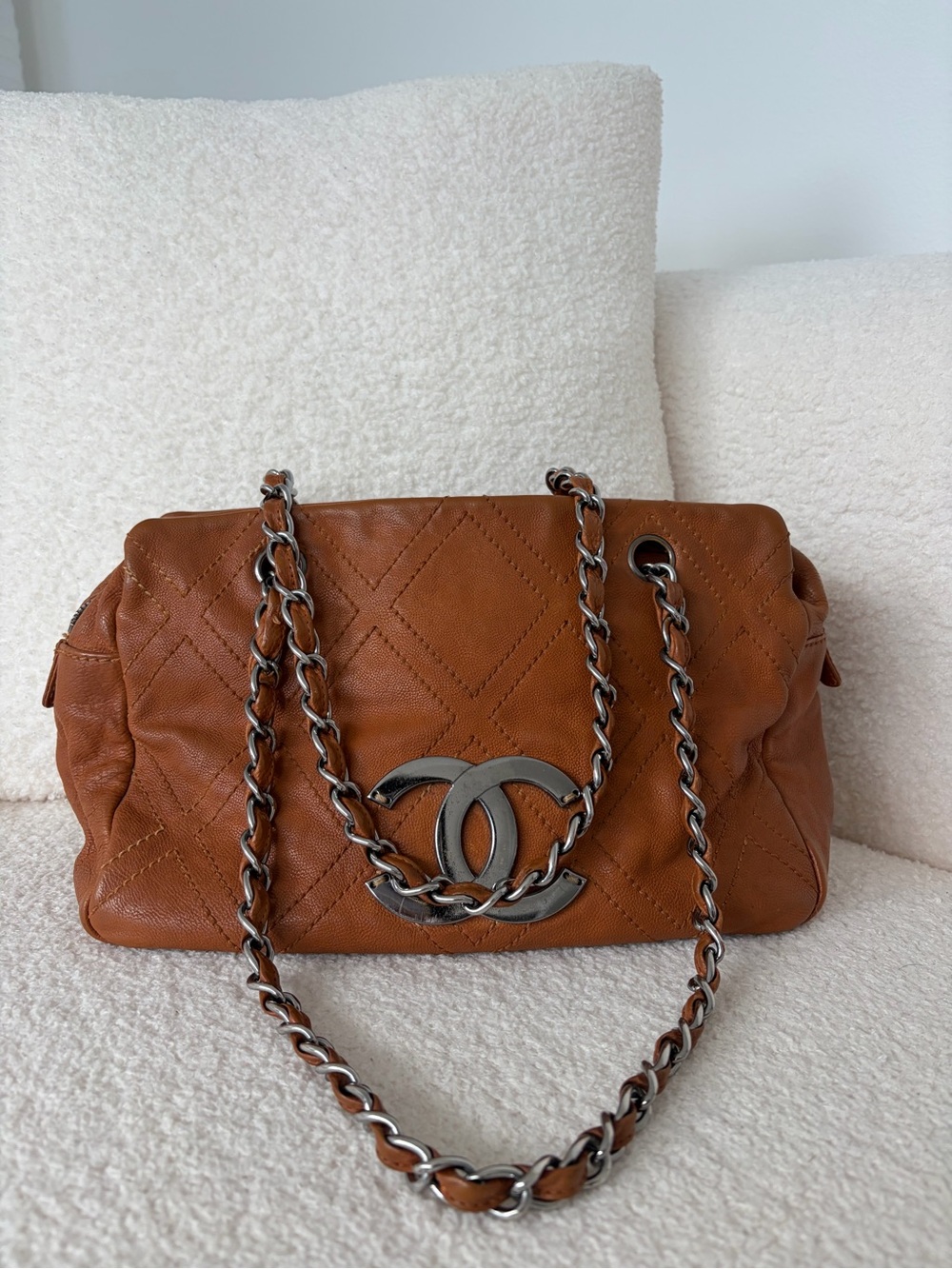 CHANEL Cognac Quilted Leather Shoulder Bag with Silver-Tone CC Chain